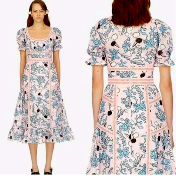 Self-Portrait Dresses & Skirts - Self-Portrait Pink Floral Midi Dress with Blue Floral Print and Black Accents